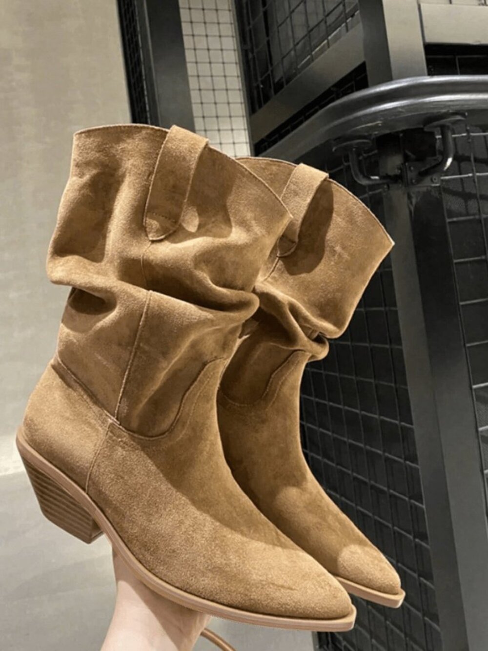 Brown Western Women's  Pointed Toe Style Chunky Heel  Slip-On Slouchy Boots